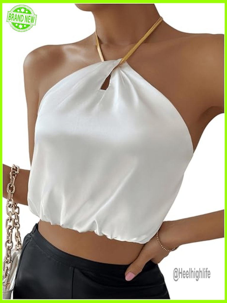 Crop Halter Top Sleeveless Backless Satin Going Out Top